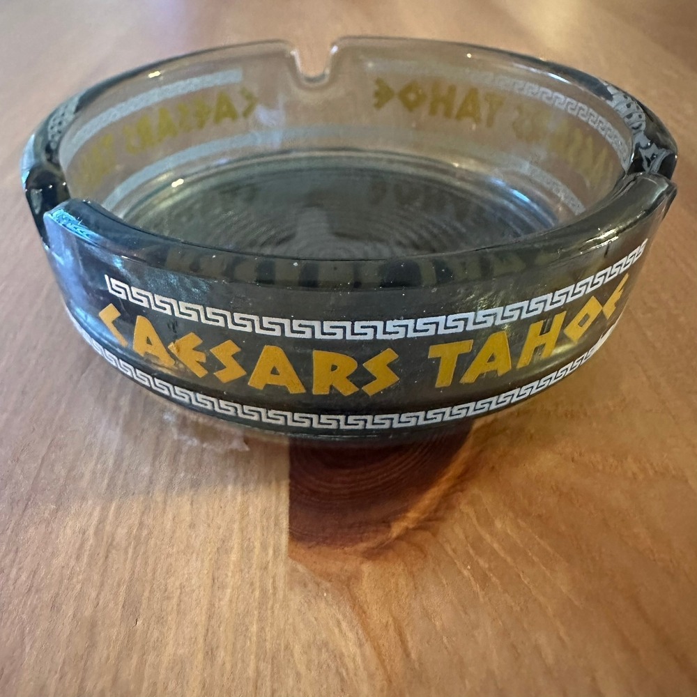 Vintage Caesars Tahoe Casino Glass Ashtray Smokey Grey Greek Key